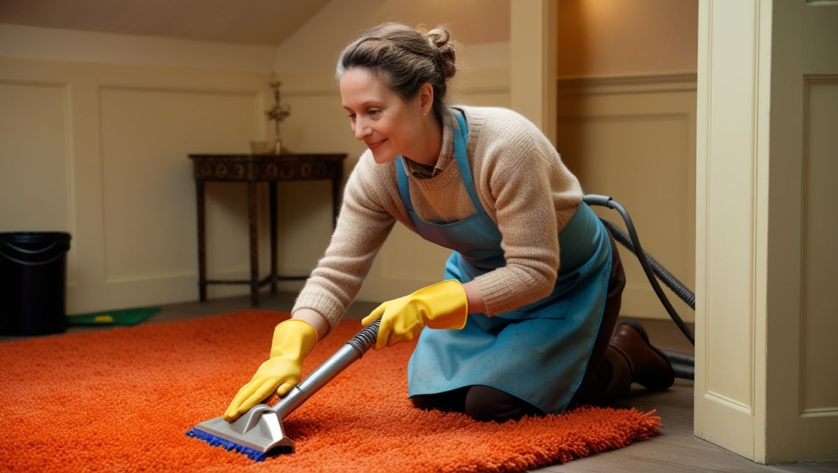 A lady cleaning a carpet